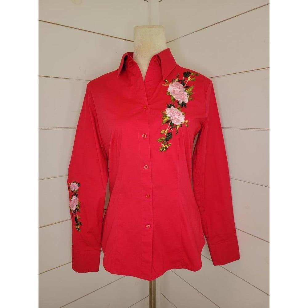 Harold's medium pink with pink floral embroidery blouse